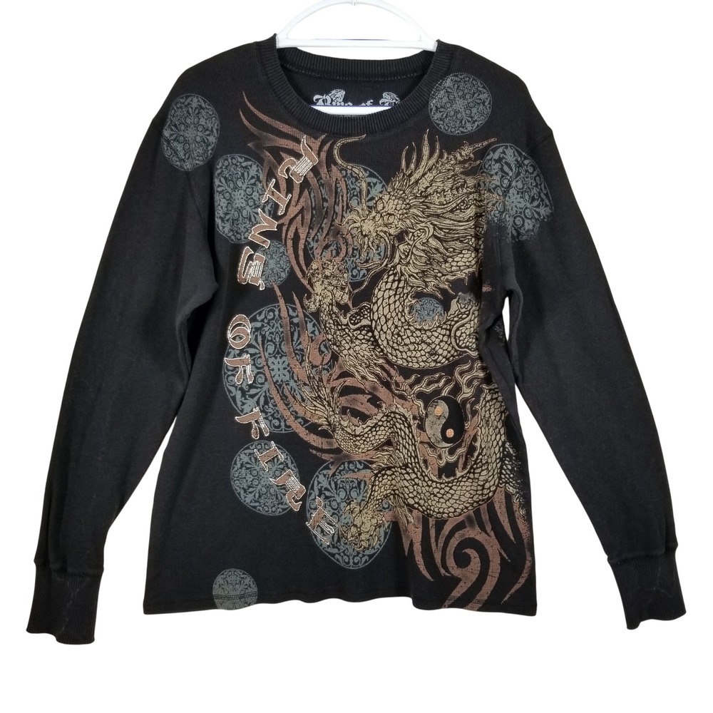 King of Fire Men XL Black Thermal Long Sleeve Dragon Tribal Graphic Shirt Cotton